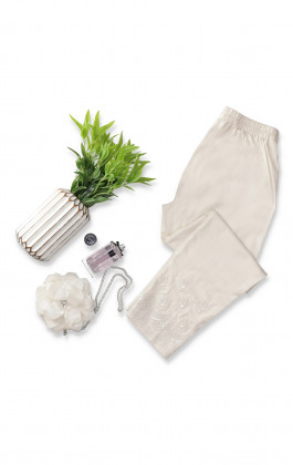 Off White Embroidered Yarn Dyed Straight Pant